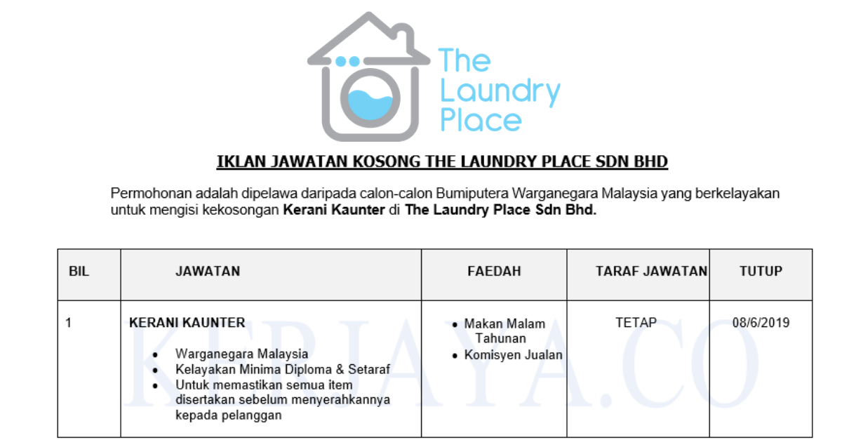 Permohonan Jawatan Kosong Terkini The Laundry Place