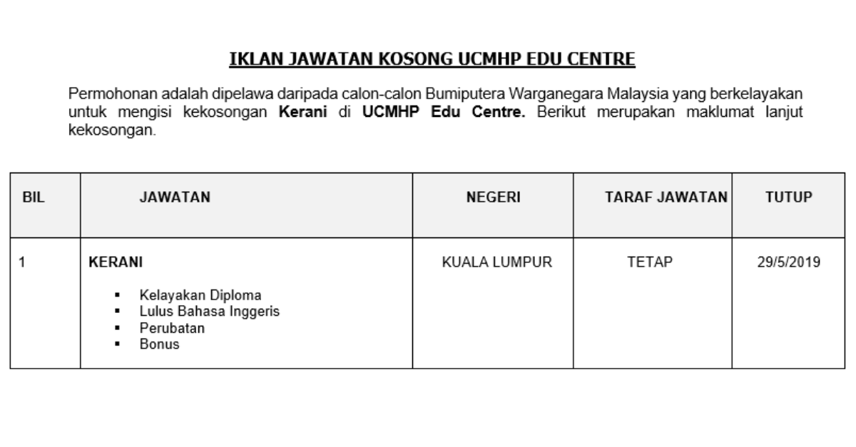 Permohonan Jawatan Kosong Terkini UCMHP Edu Centre _ Kerani