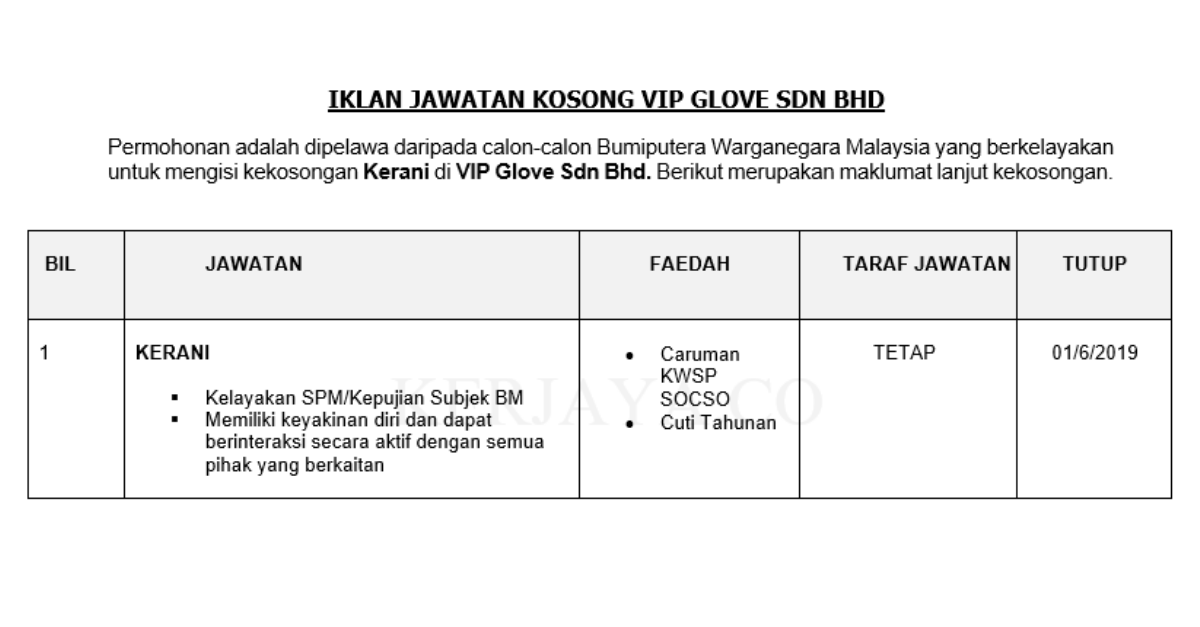 Permohonan Jawatan Kosong Terkini VIP Glove