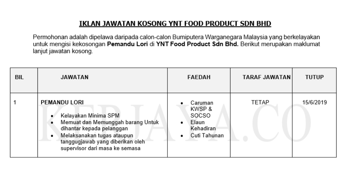 Permohonan Jawatan Kosong Terkini YNT Food Product