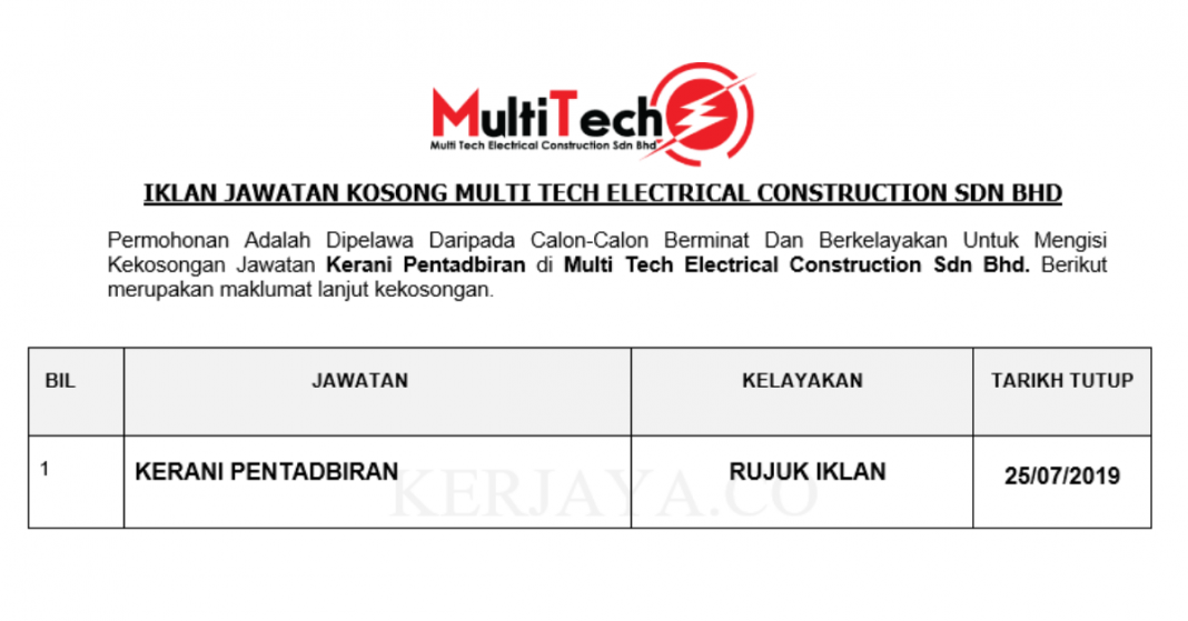 Multi Tech Construction Permohonan Jawatan Kosong Multi Tech Electrical Construction ~ Kerani ...