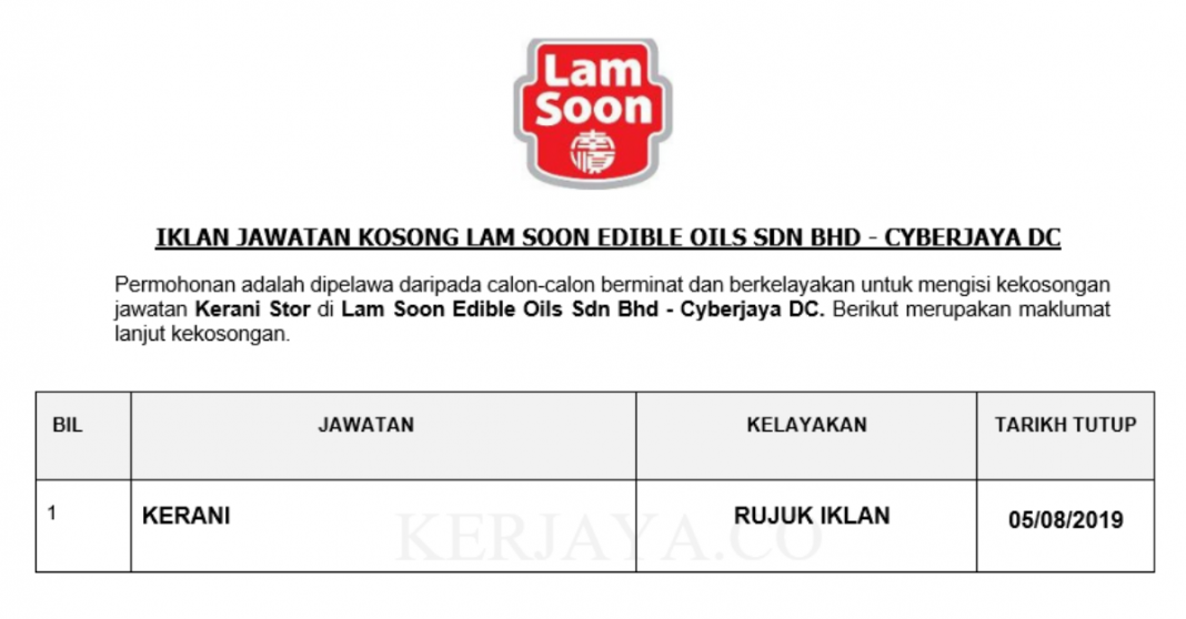 Lam Kin Soon Permohonan Jawatan Kosong Lam Soon Edible Oils ~ Kerani • Portal Kerja ...