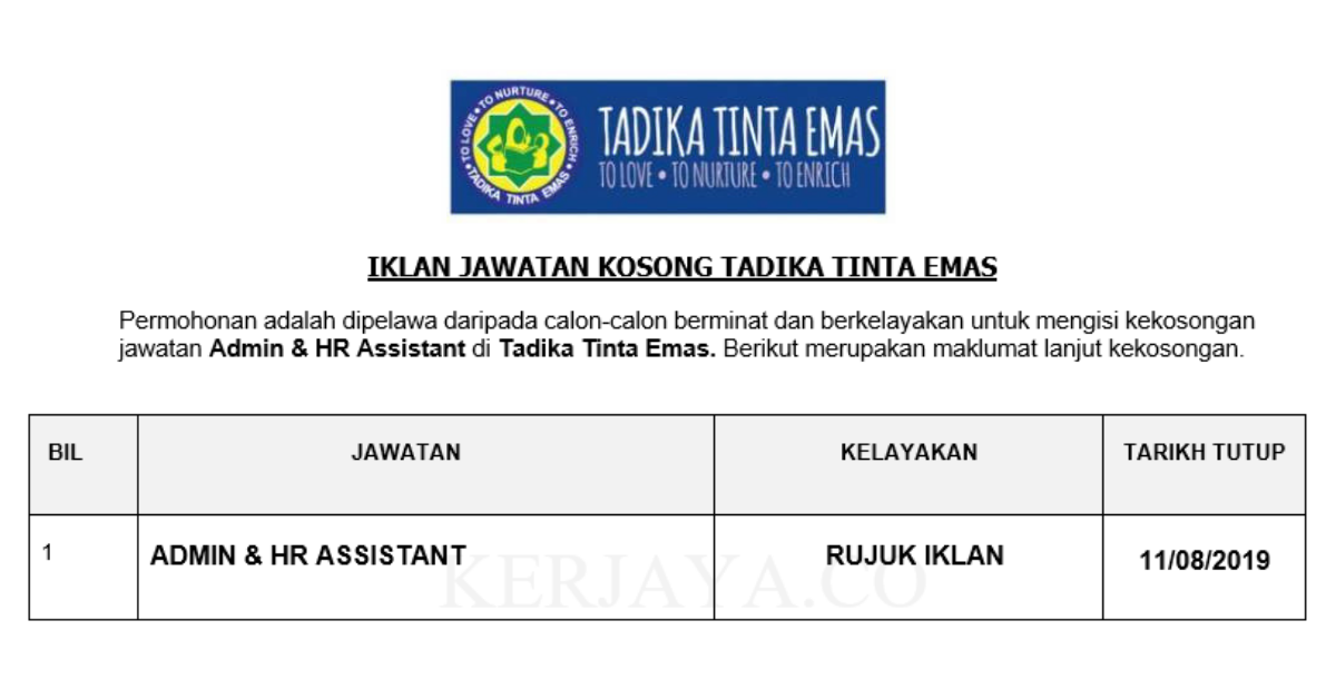 Tadika Tinta Emas ~ Admin & HR Assistant