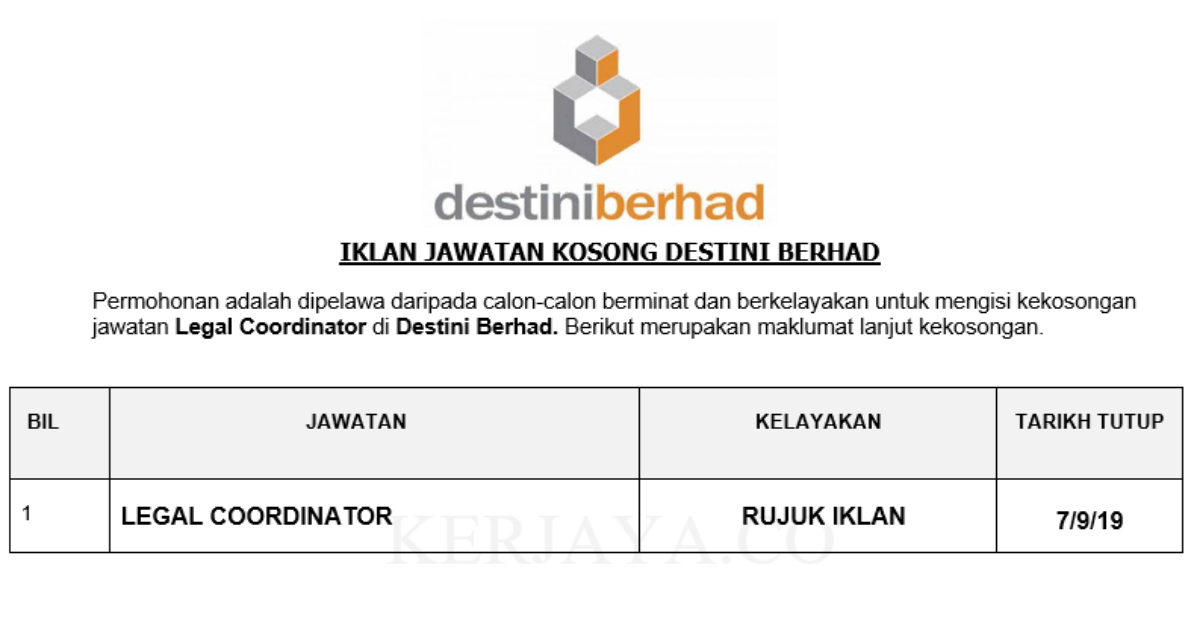 Destini Berhad _ Legal Coordinator