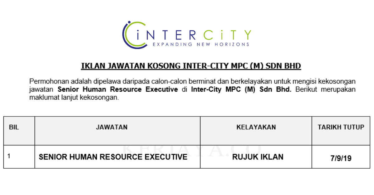 Inter-City MPC (M) Sdn Bhd _ Senior Human Resource Executive