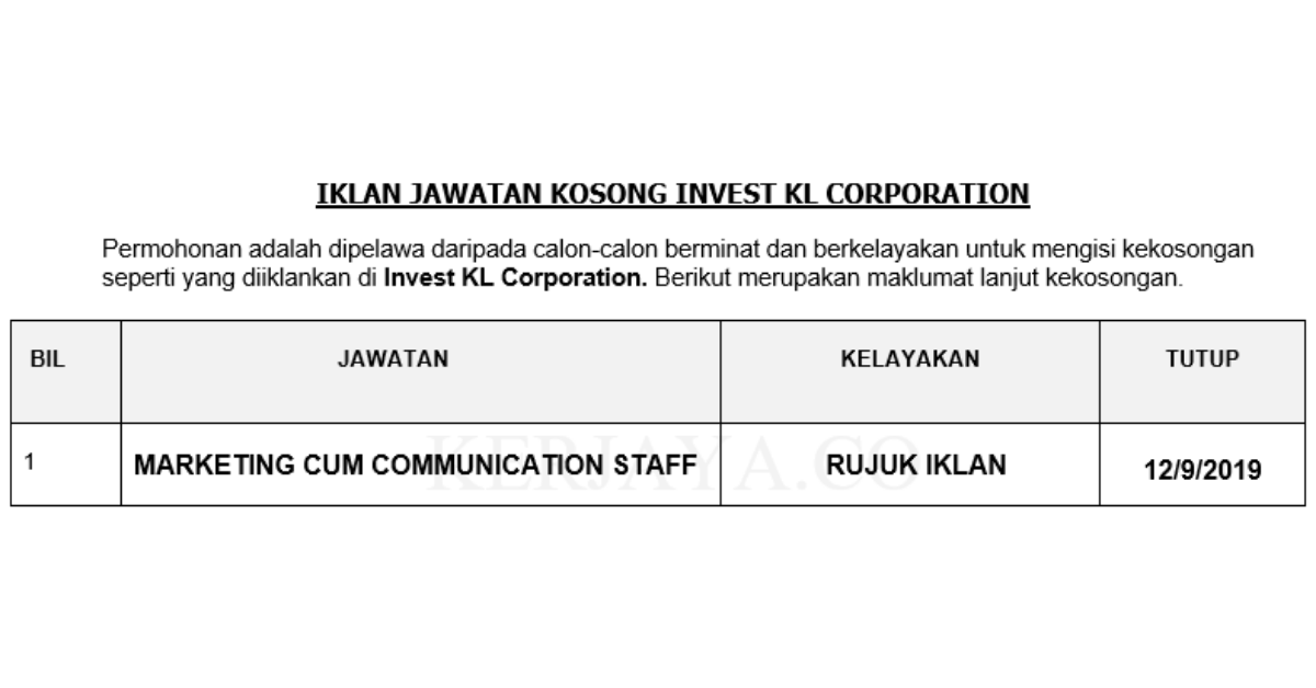 Invest KL Corporation _ Marketing cum Communication Staff